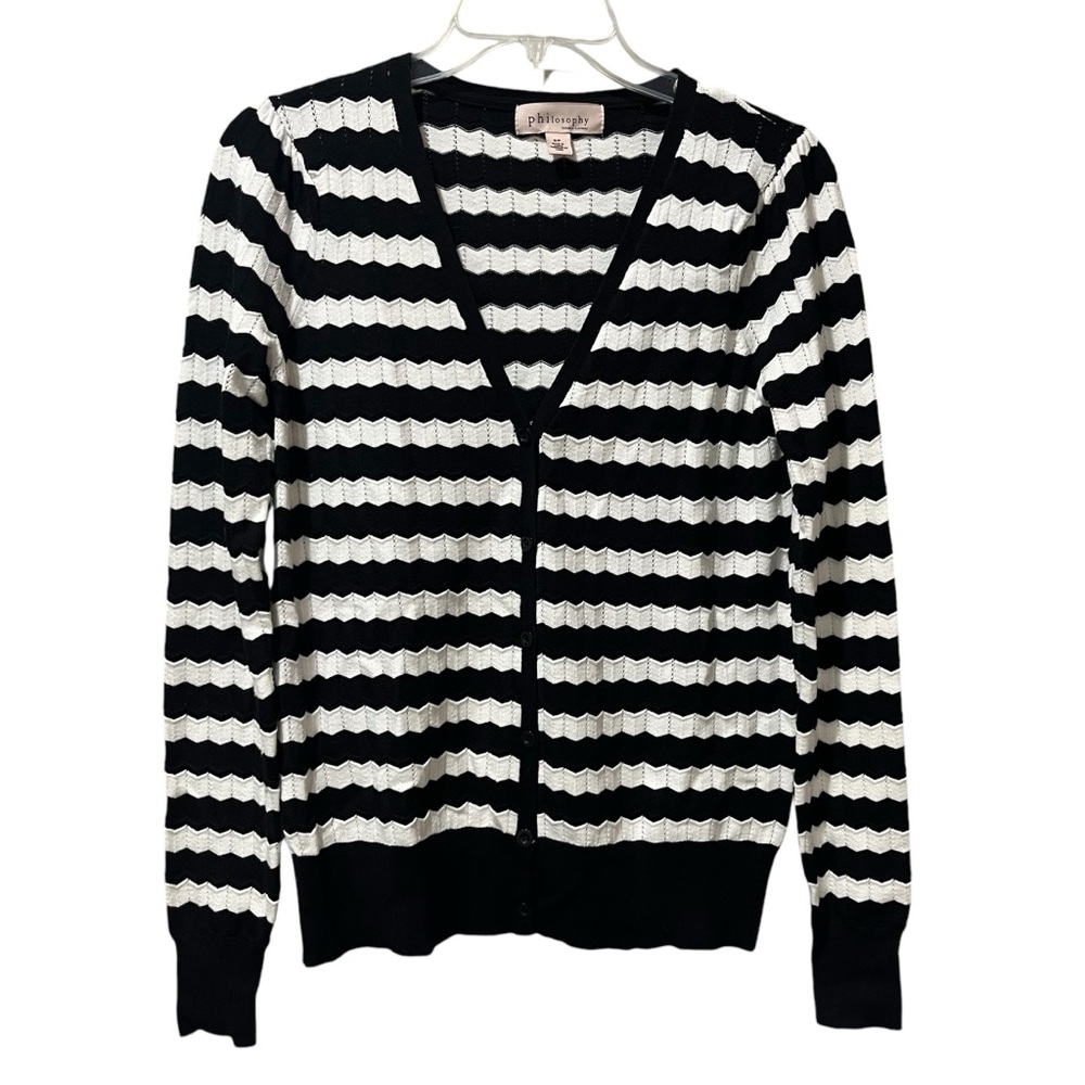 ANTHROPOLOGIE PHILOSOPHY Cardigan Women Small Black White Button Up Knit Sweater